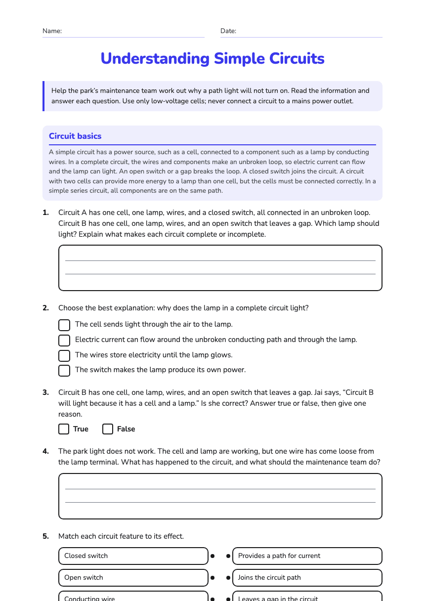 Understanding Simple Circuits worksheet preview