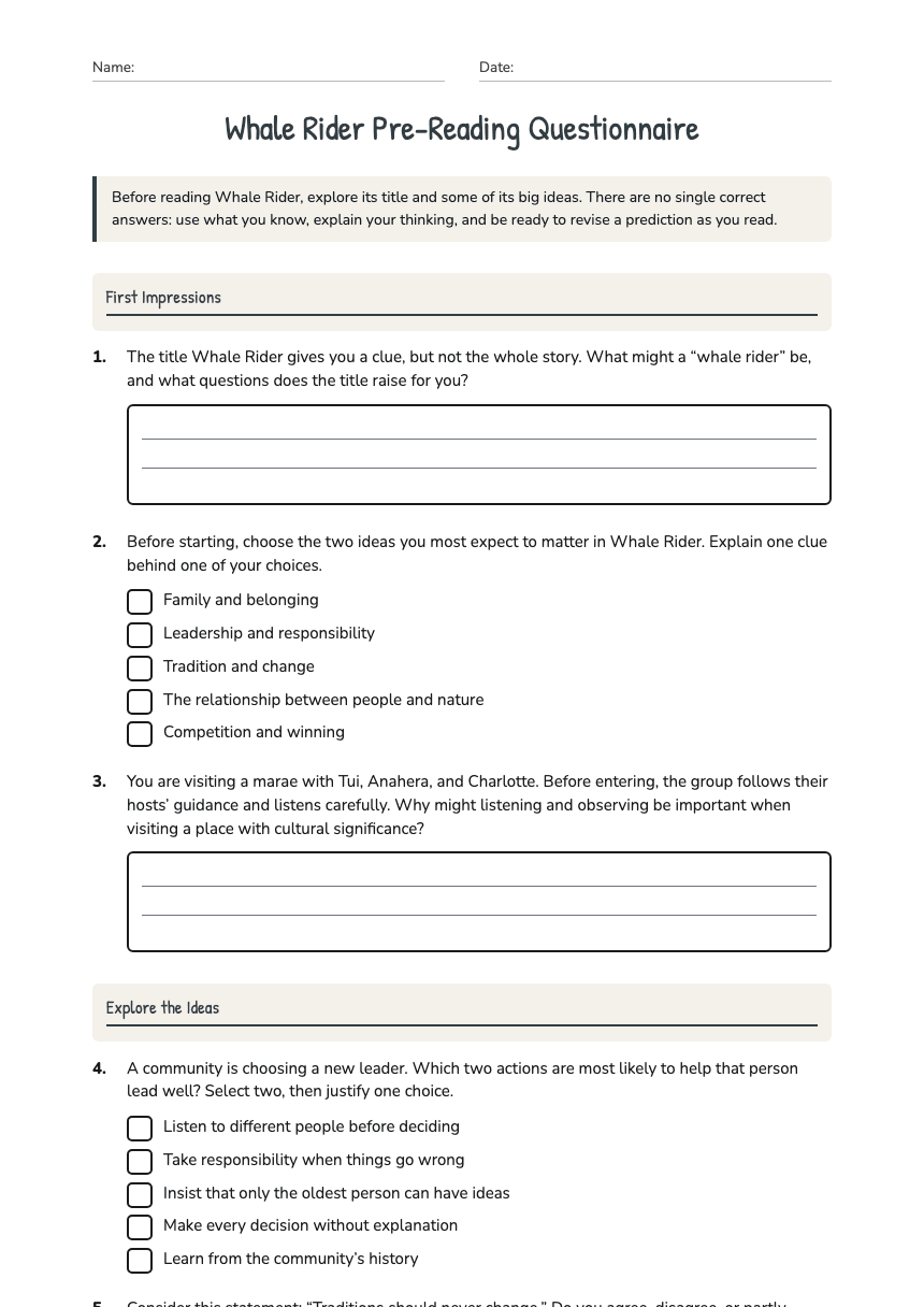 Whale Rider Pre-Reading Questionnaire worksheet preview