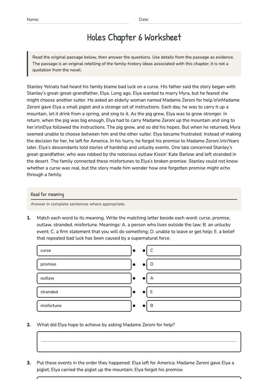 Holes Chapter 6 Worksheet worksheet preview