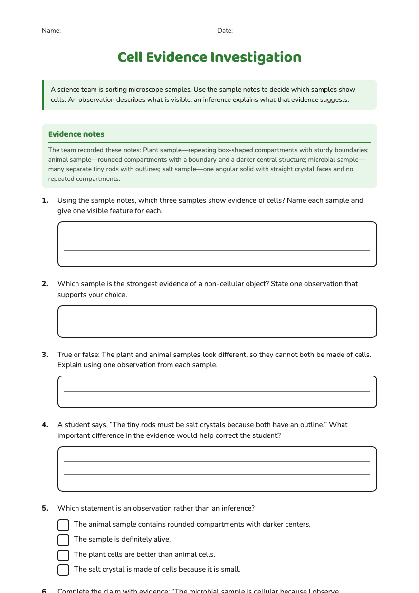 Cell Evidence Investigation worksheet preview