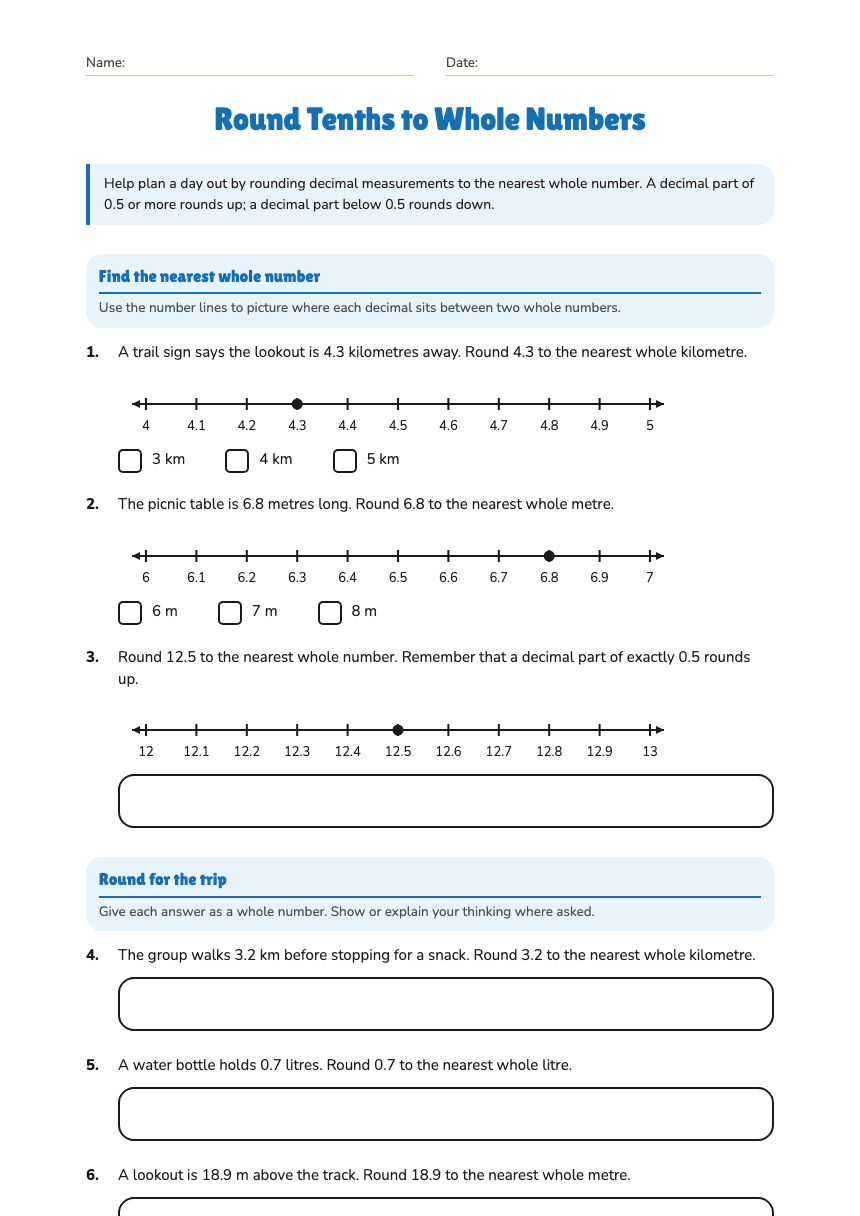 Round Tenths to Whole Numbers worksheet preview