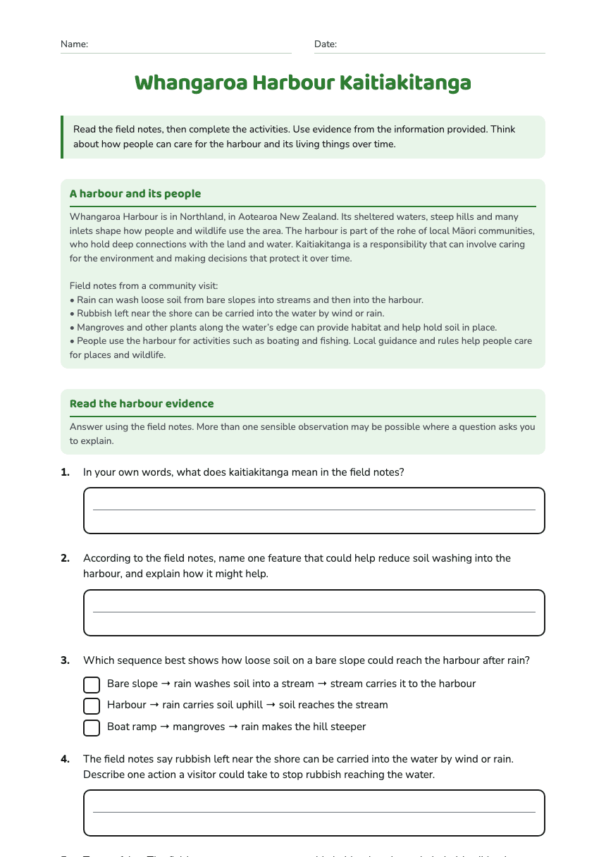 Whangaroa Harbour Kaitiakitanga worksheet preview
