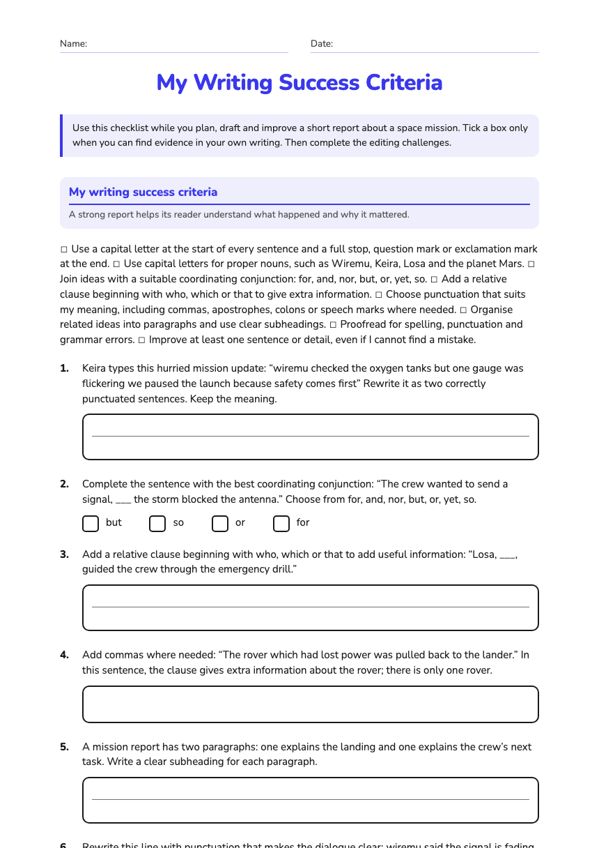 My Writing Success Criteria worksheet preview