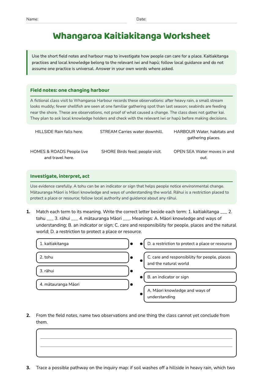 Whangaroa Kaitiakitanga Worksheet worksheet preview