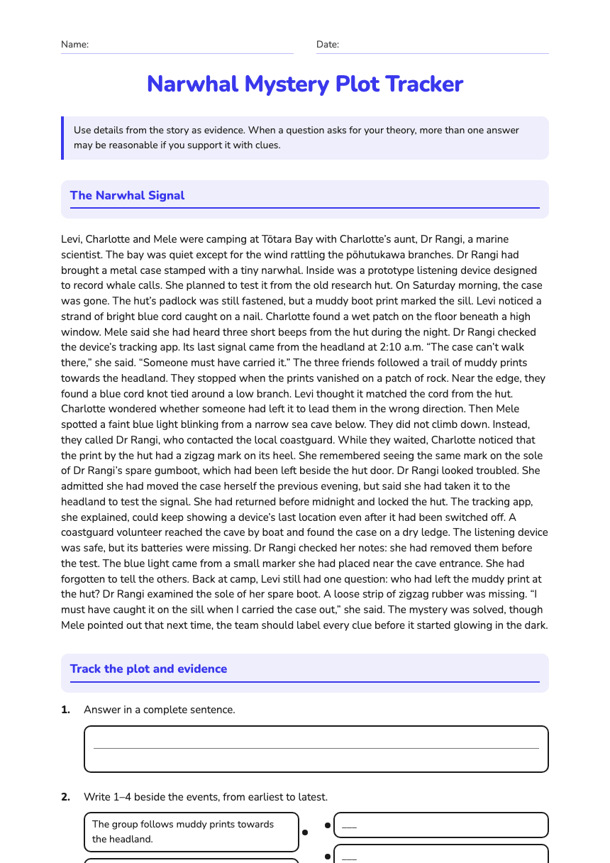 Narwhal Mystery Plot Tracker worksheet preview