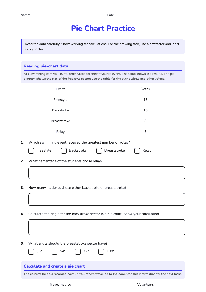 Pie Chart Practice worksheet preview