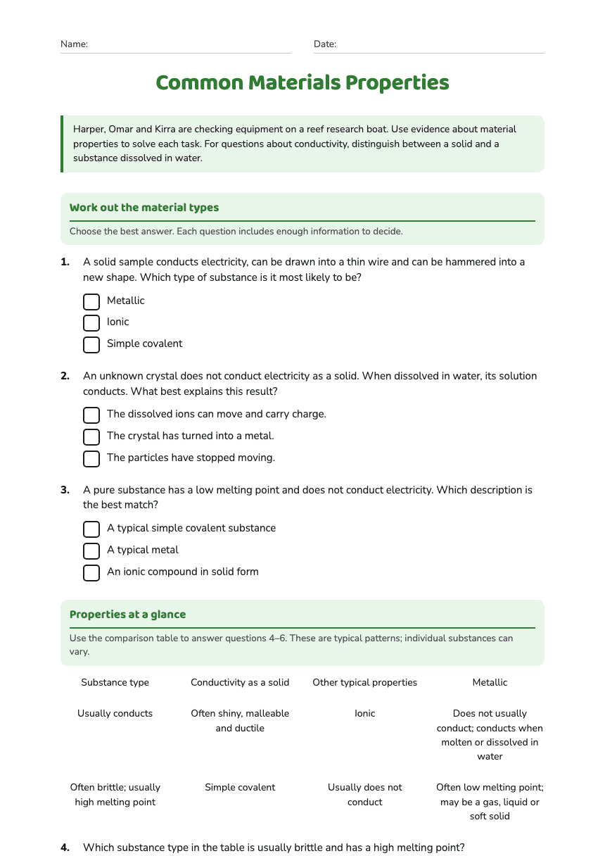 Common Materials Properties worksheet preview
