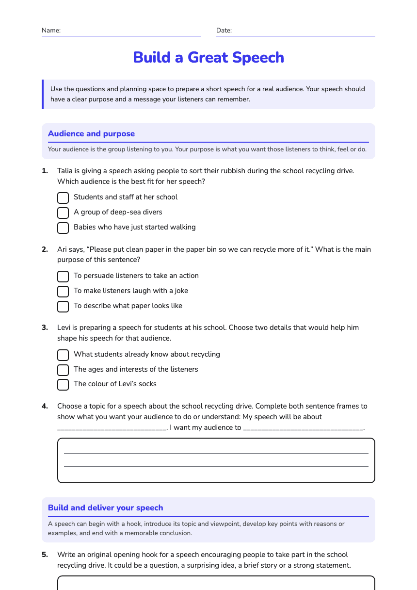 Build a Great Speech worksheet preview