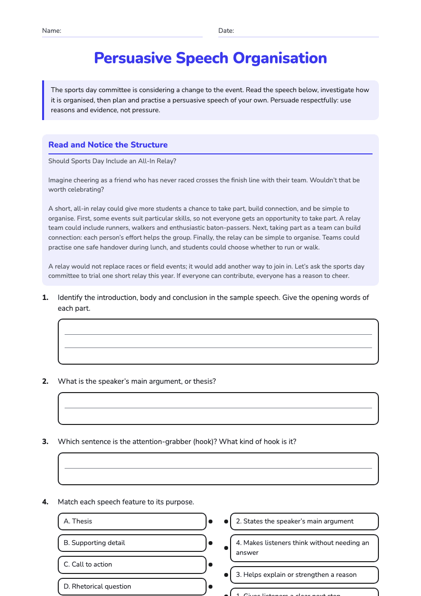 Persuasive Speech Organisation worksheet preview