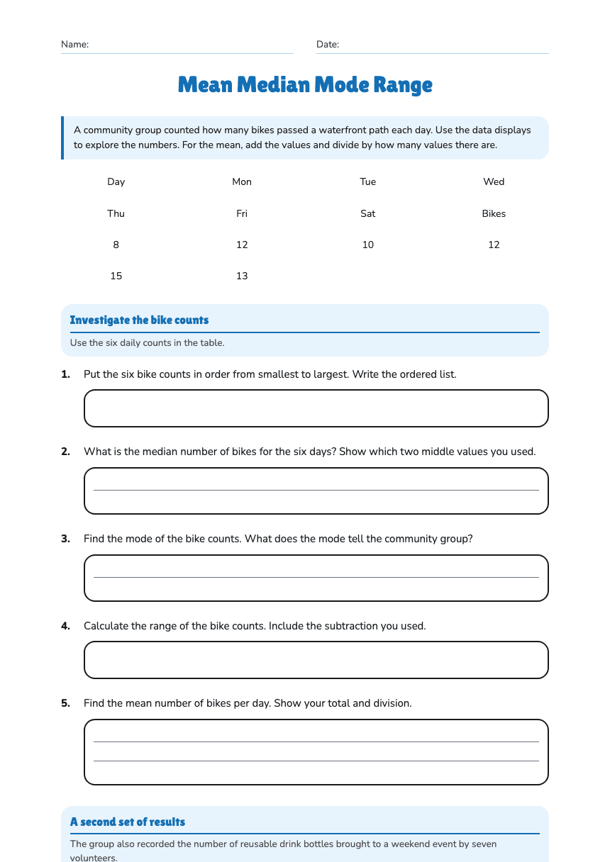 Mean Median Mode Range worksheet preview