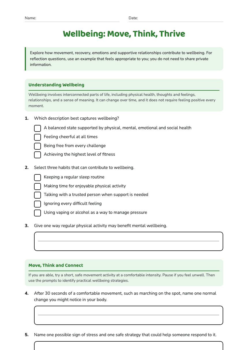Wellbeing: Move, Think, Thrive worksheet preview