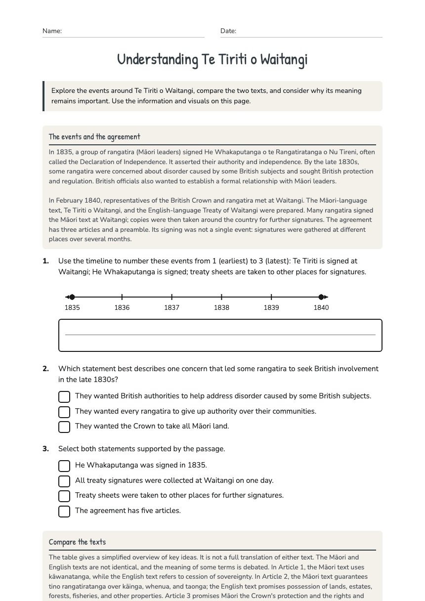 Understanding Te Tiriti o Waitangi worksheet preview