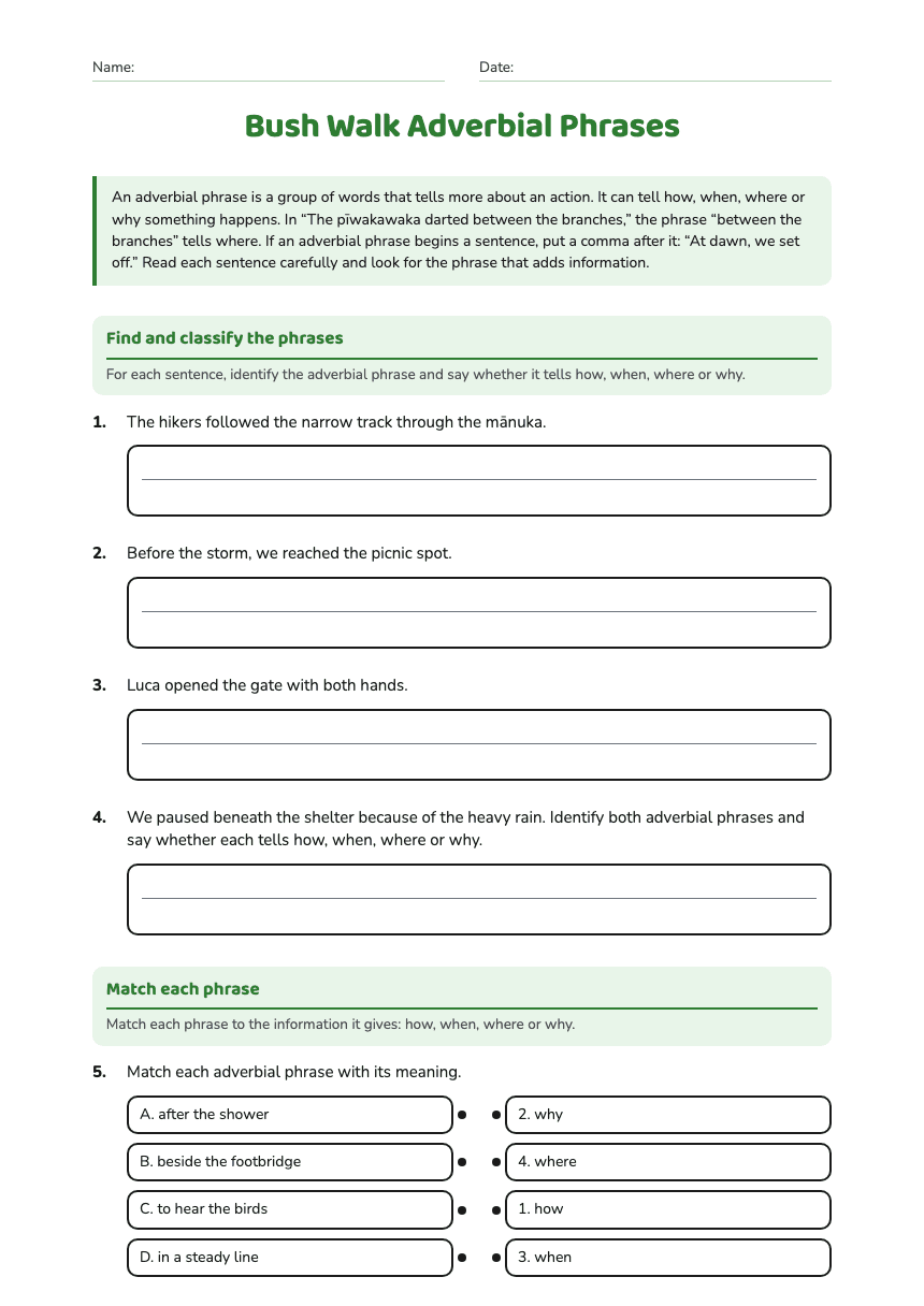 Bush Walk Adverbial Phrases worksheet preview