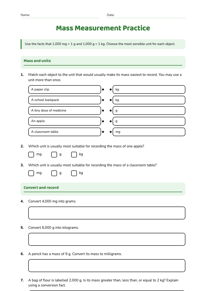 Mass Measurement Practice worksheet preview