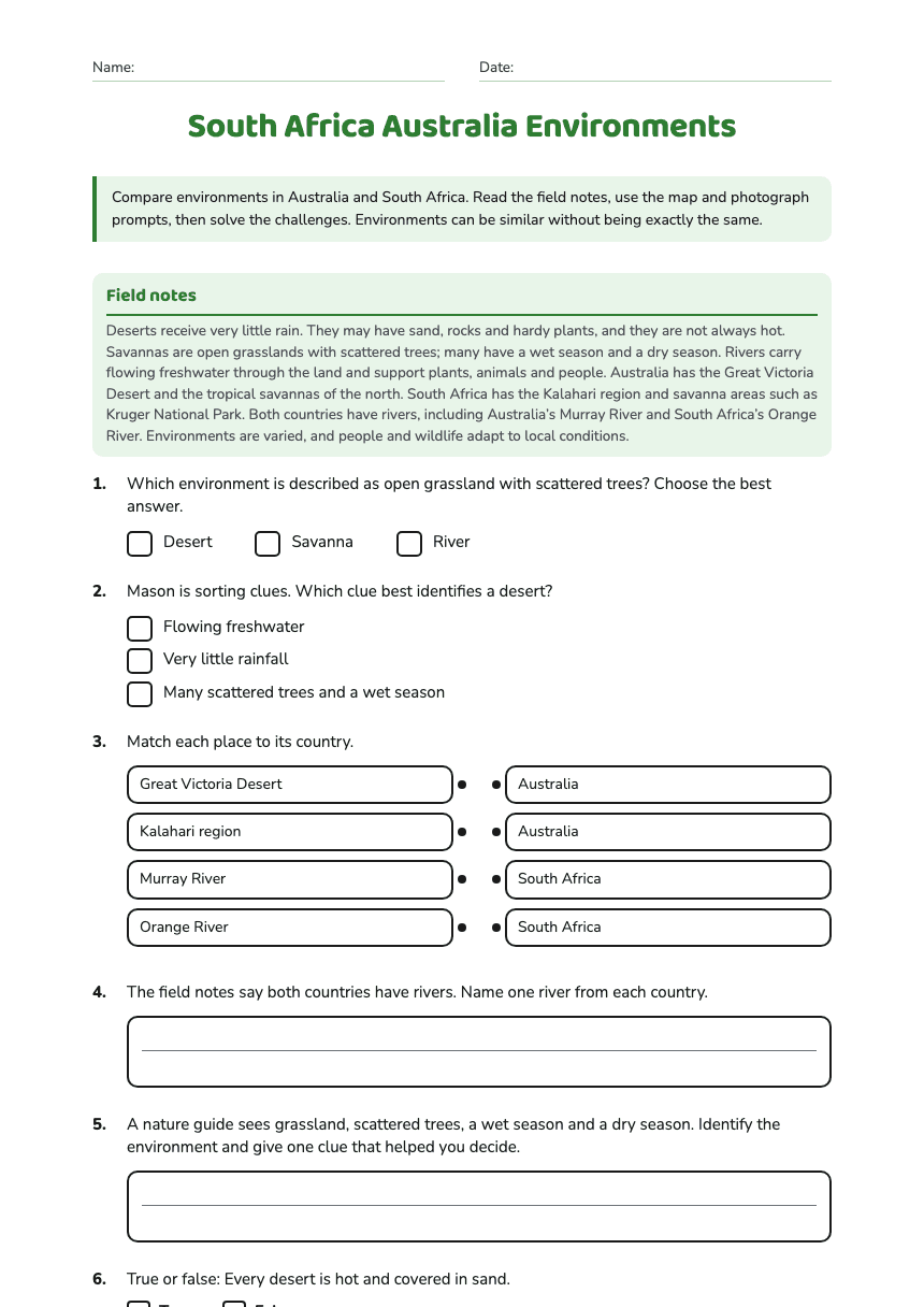 South Africa Australia Environments worksheet preview