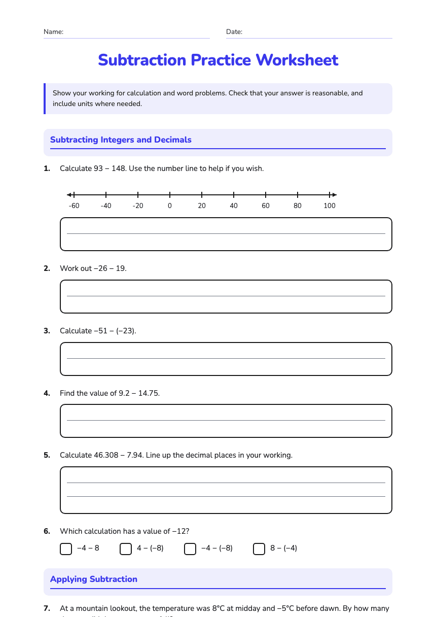 Subtraction Practice Worksheet worksheet preview