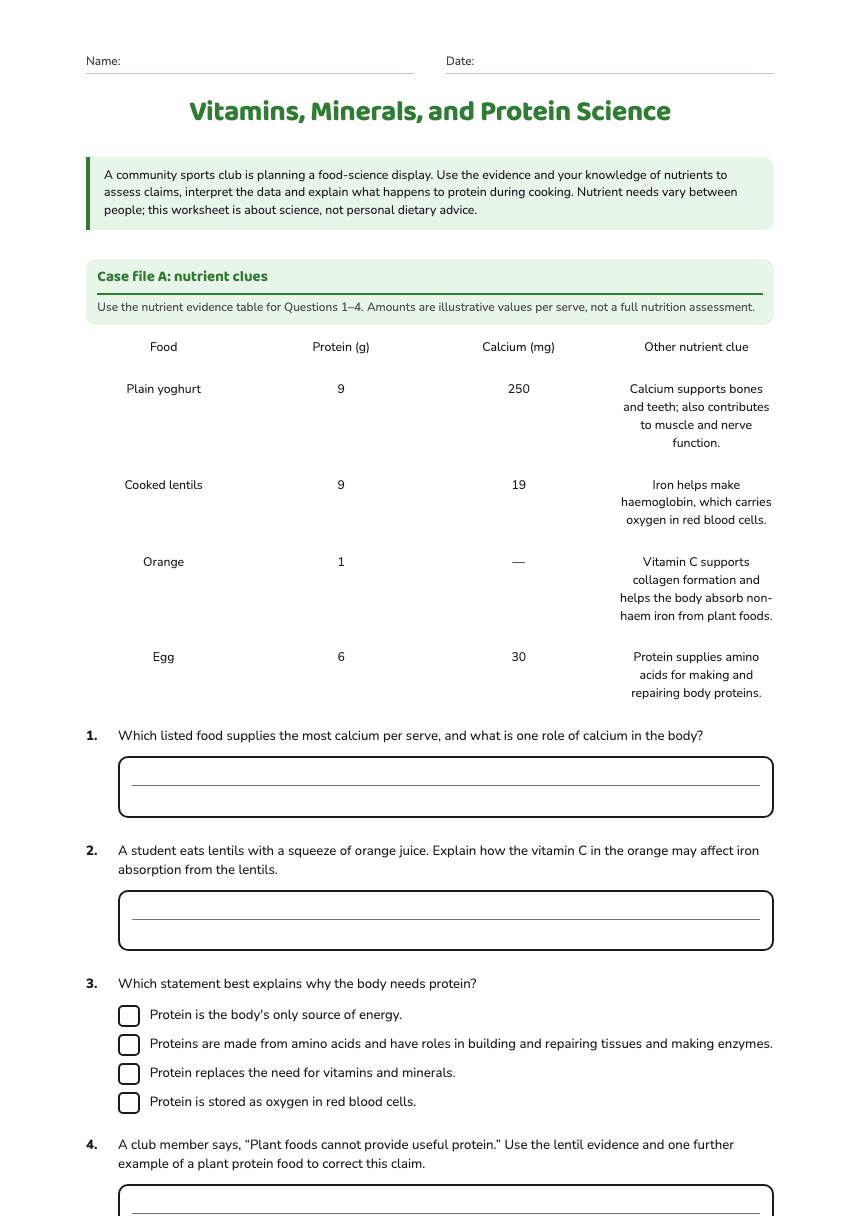 Vitamins, Minerals, and Protein Science worksheet preview