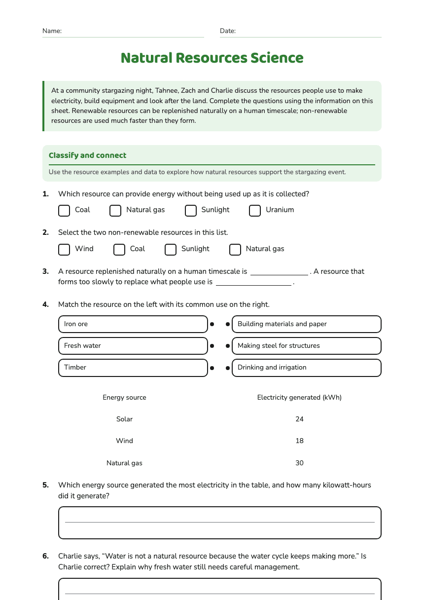 Natural Resources Science worksheet preview
