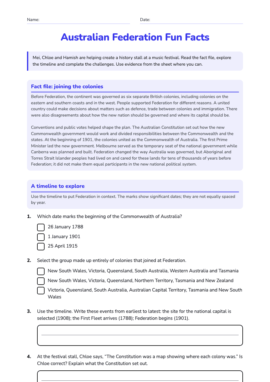 Australian Federation Fun Facts worksheet preview