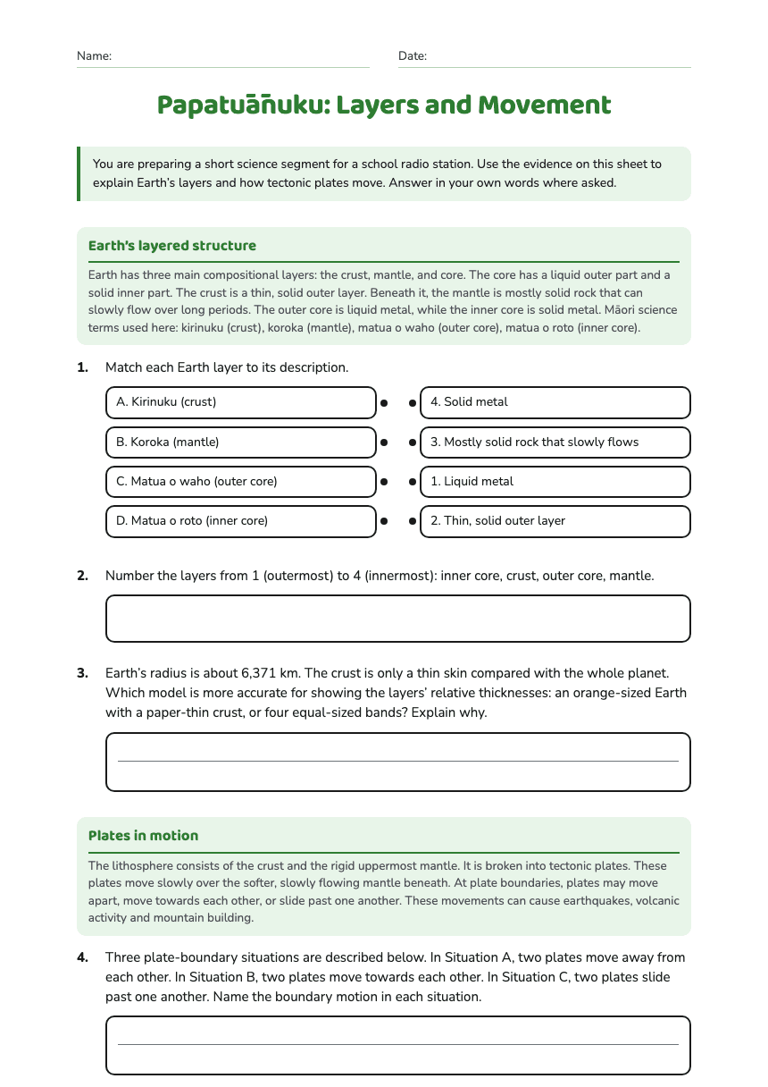 Papatūānuku: Layers and Movement worksheet preview