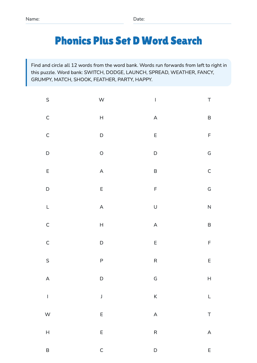 Phonics Plus Set D Word Search worksheet preview