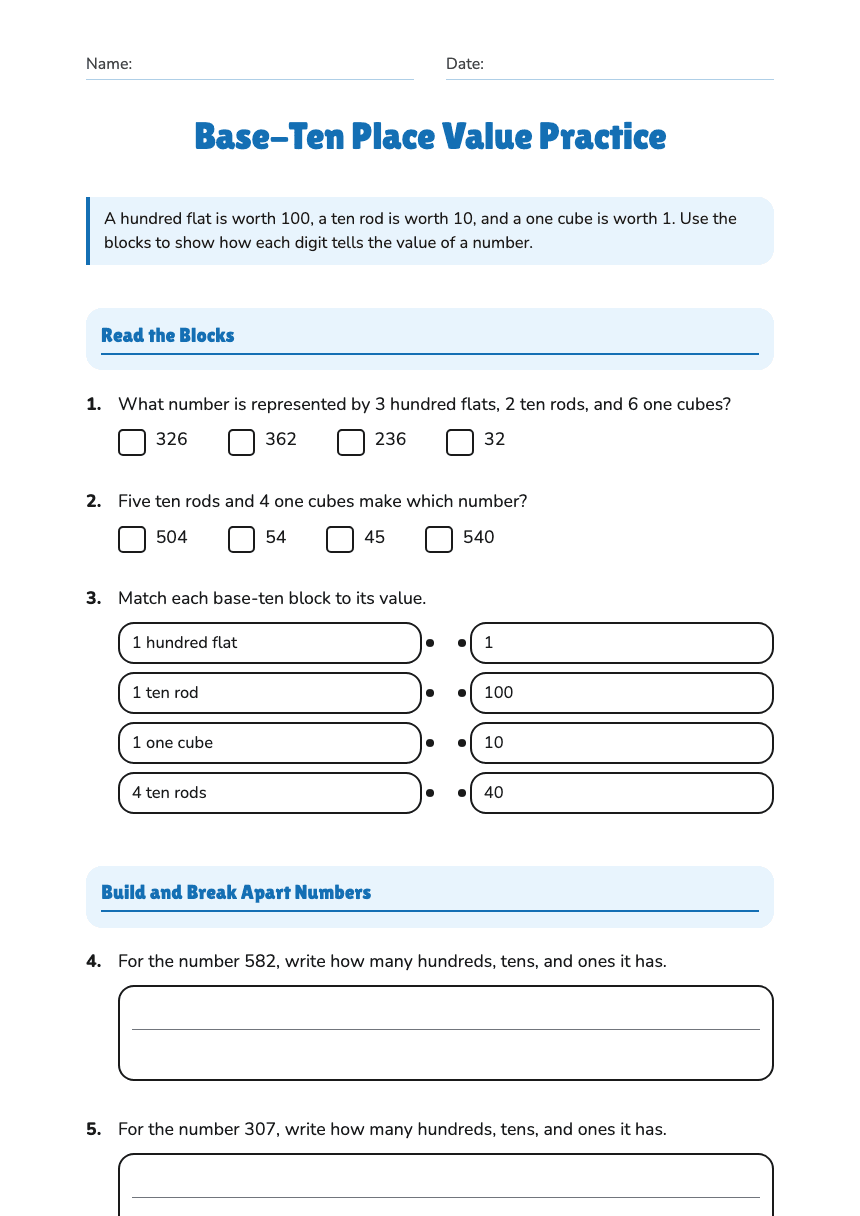 Base-Ten Place Value Practice worksheet preview
