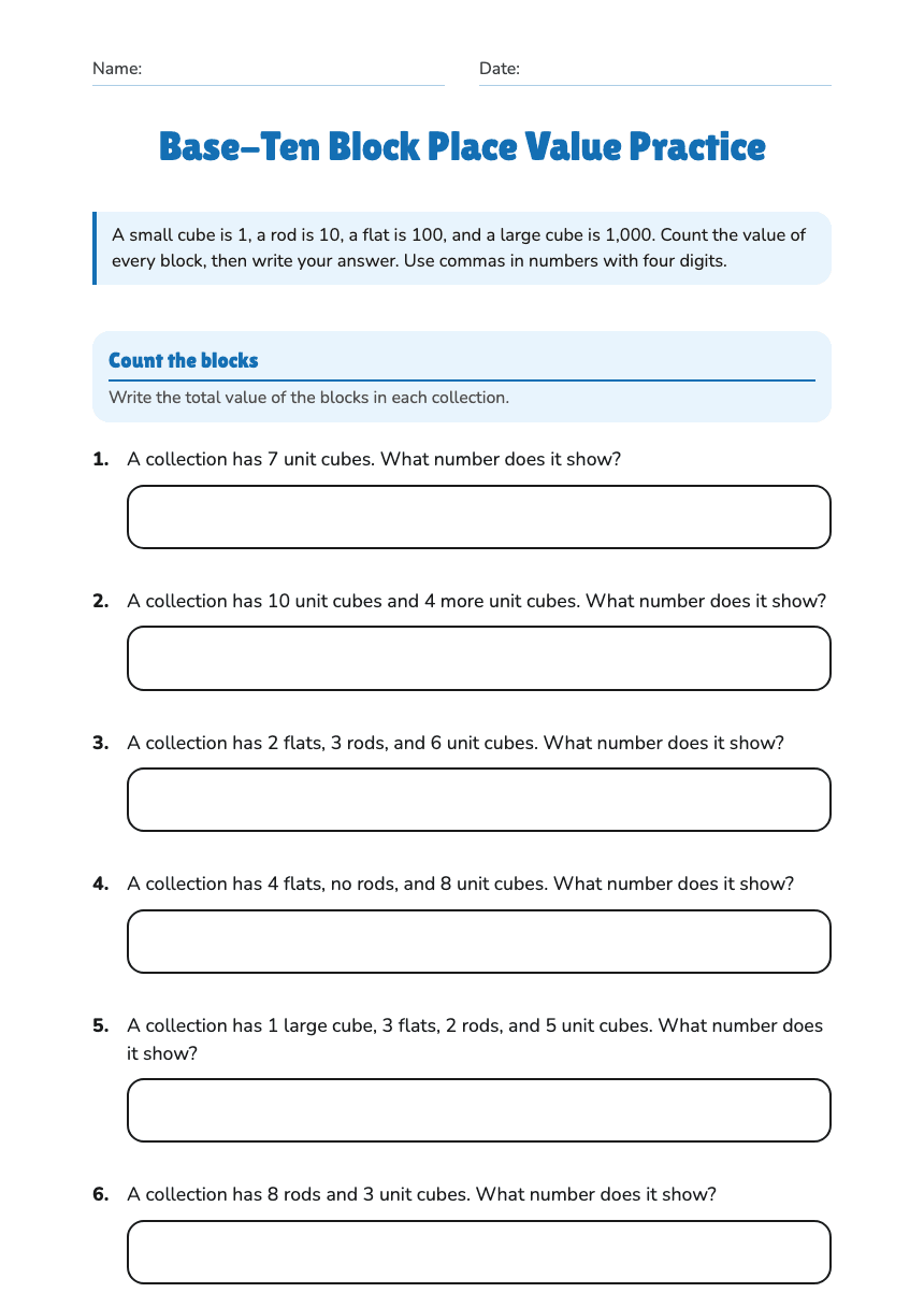 Base-Ten Block Place Value Practice worksheet preview