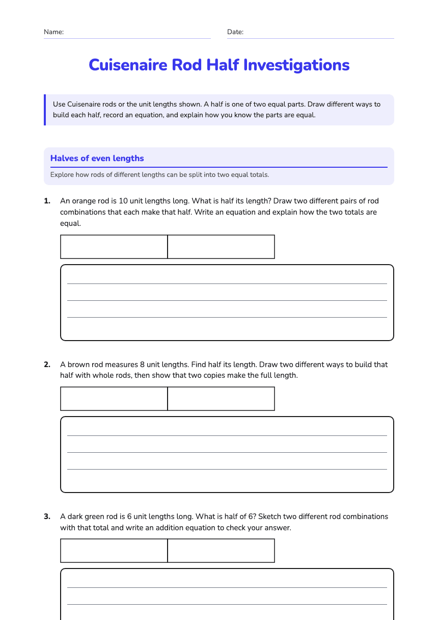 Cuisenaire Rod Half Investigations worksheet preview