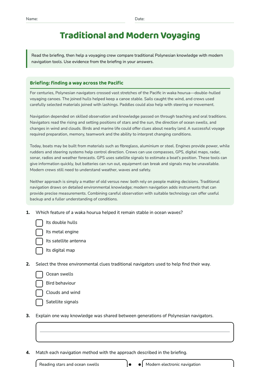 Traditional and Modern Voyaging worksheet preview