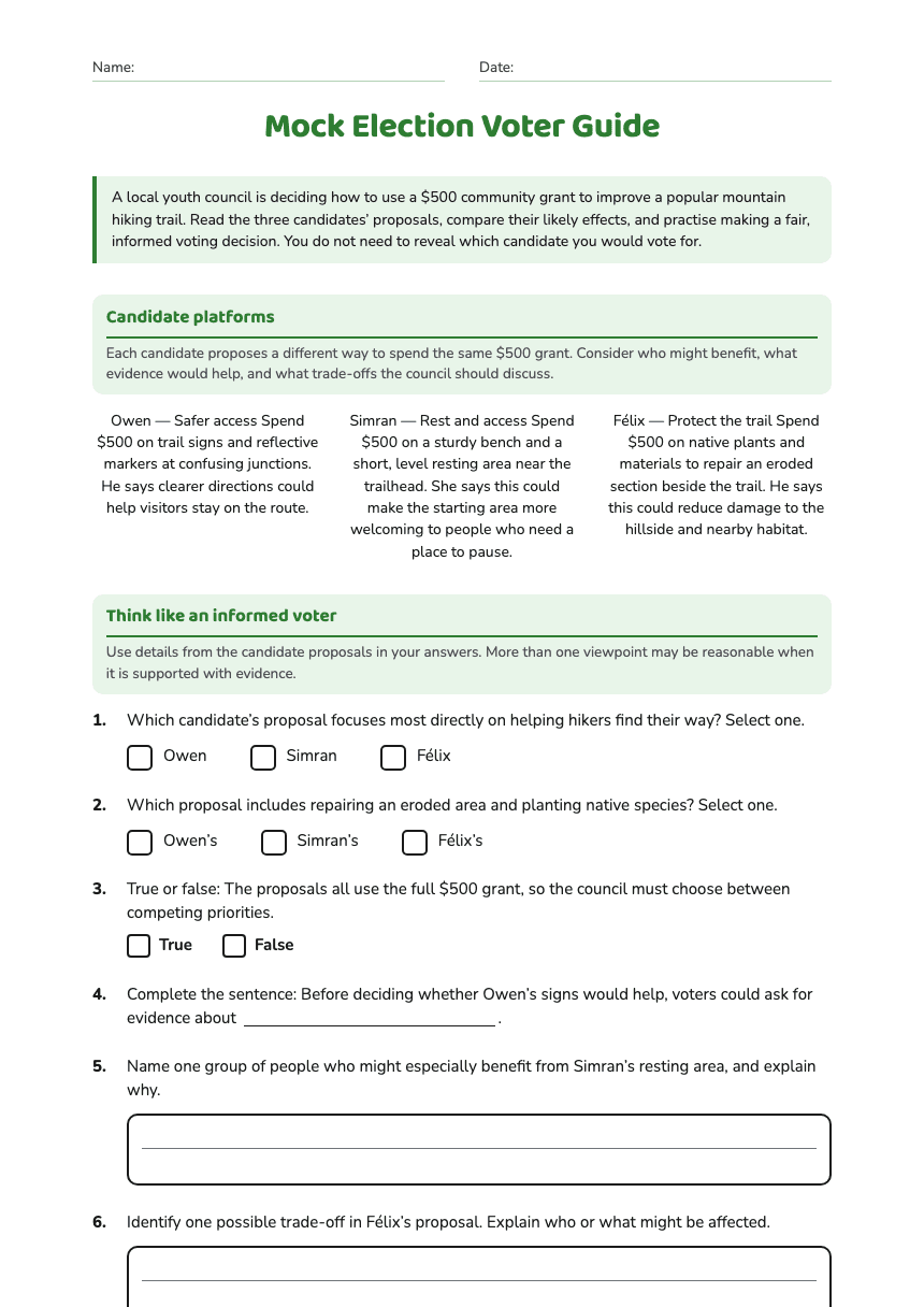 Mock Election Voter Guide worksheet preview