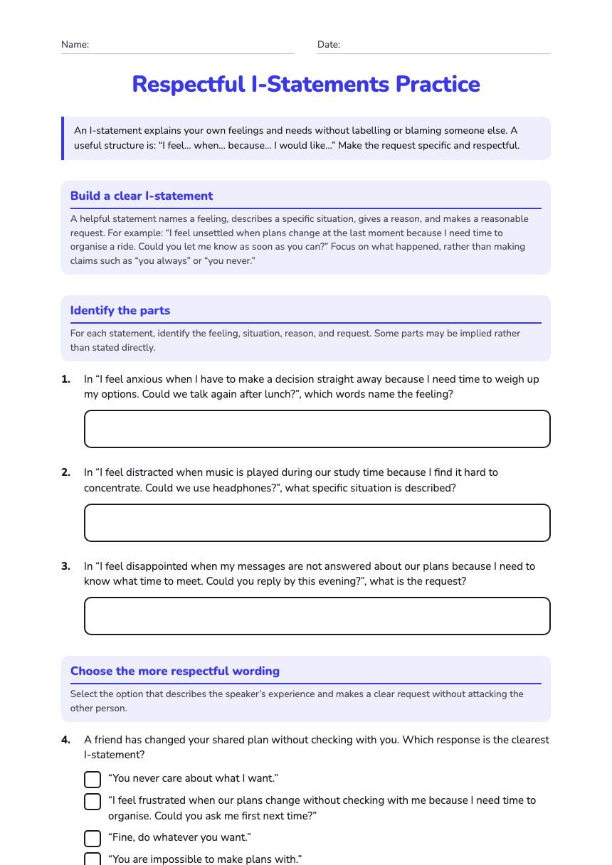 Respectful I-Statements Practice worksheet preview