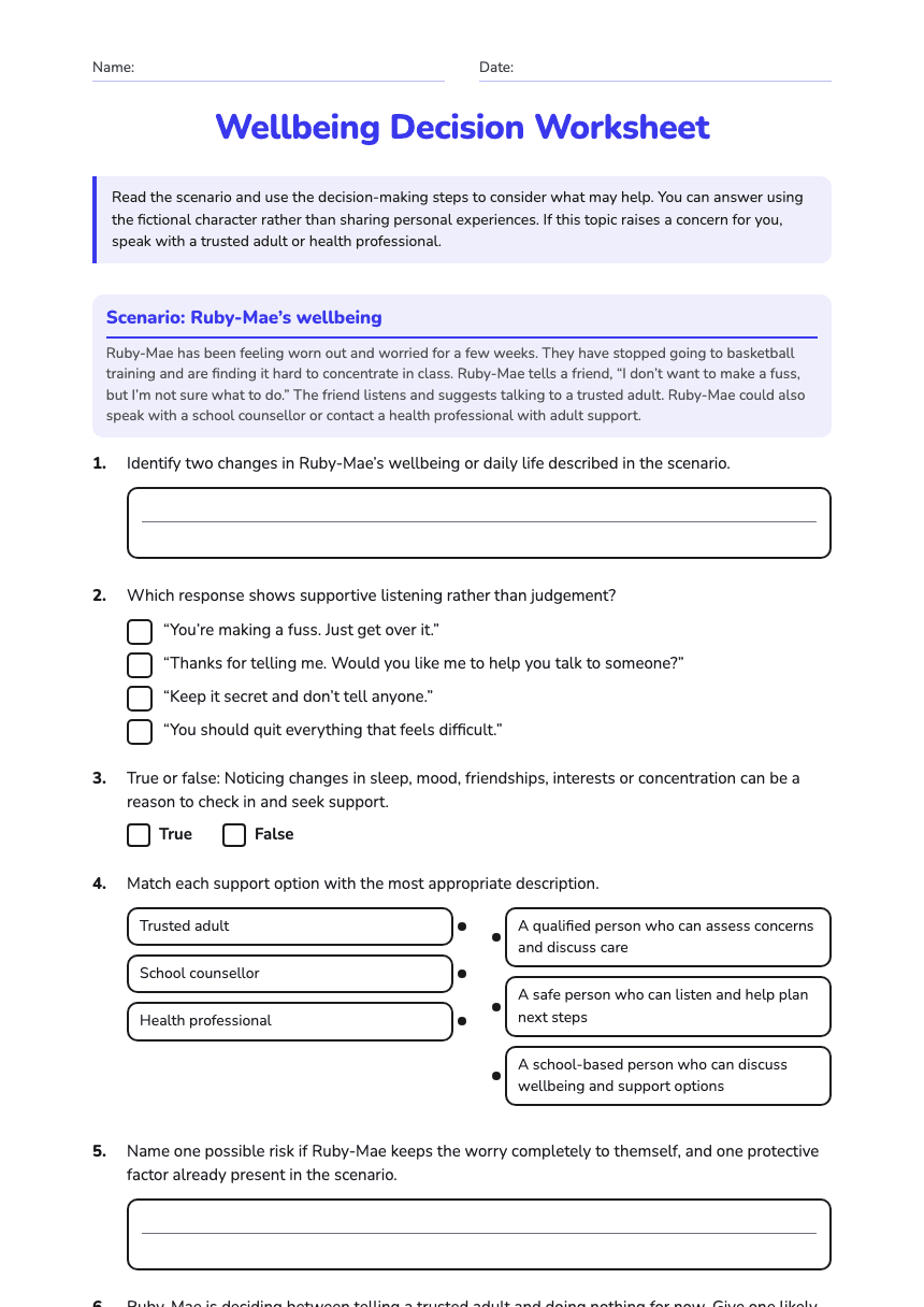 Wellbeing Decision Worksheet worksheet preview