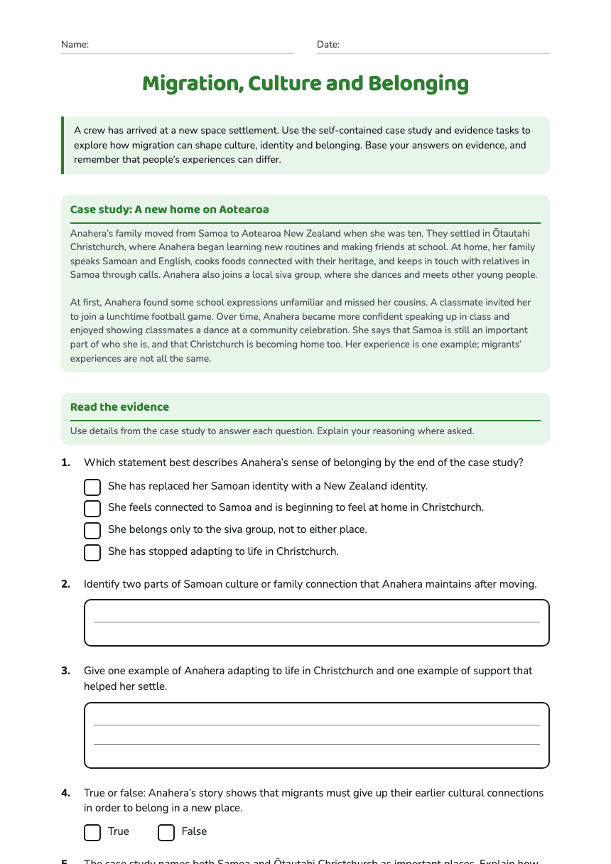 Migration, Culture and Belonging worksheet preview