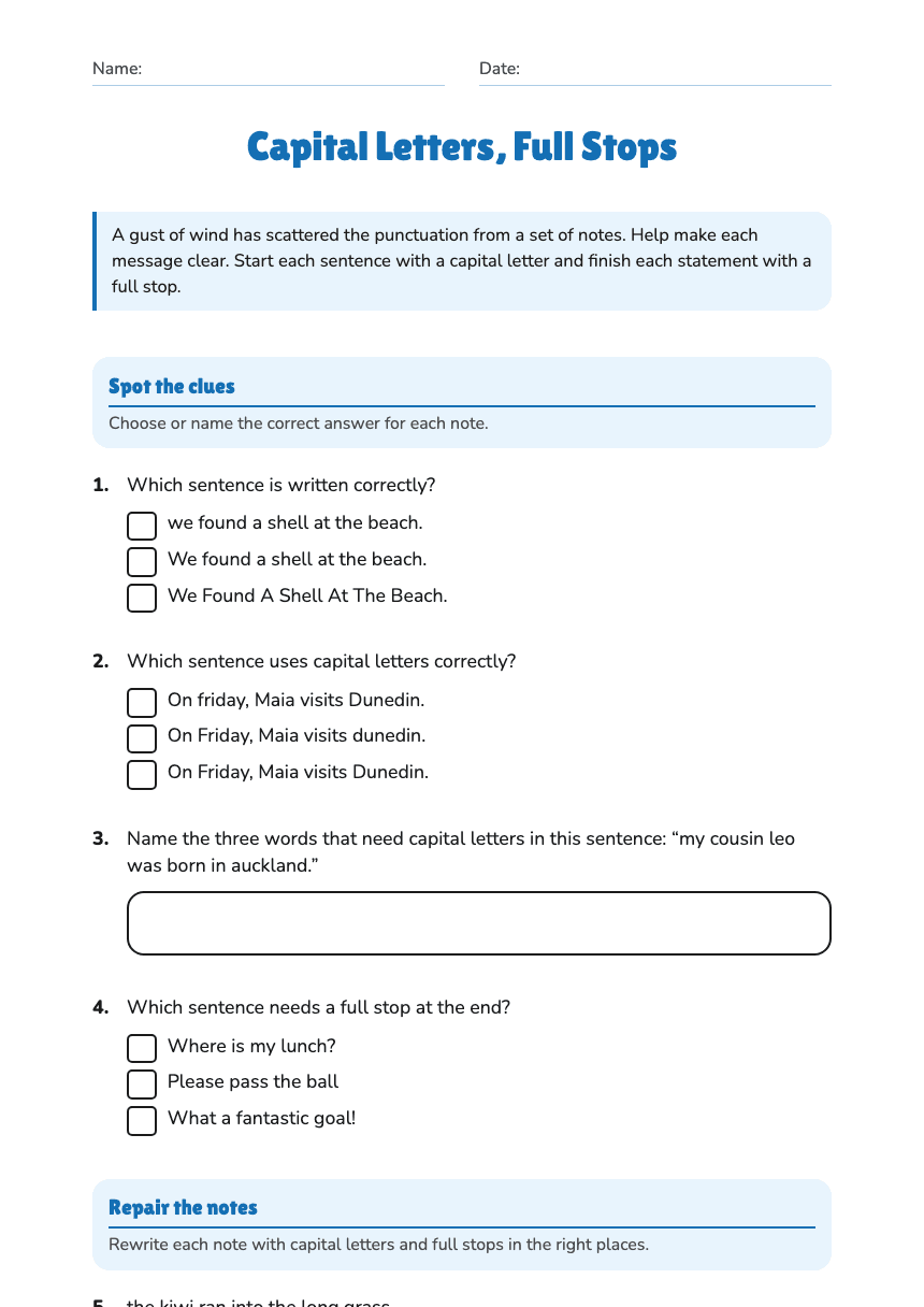 Capital Letters, Full Stops worksheet preview