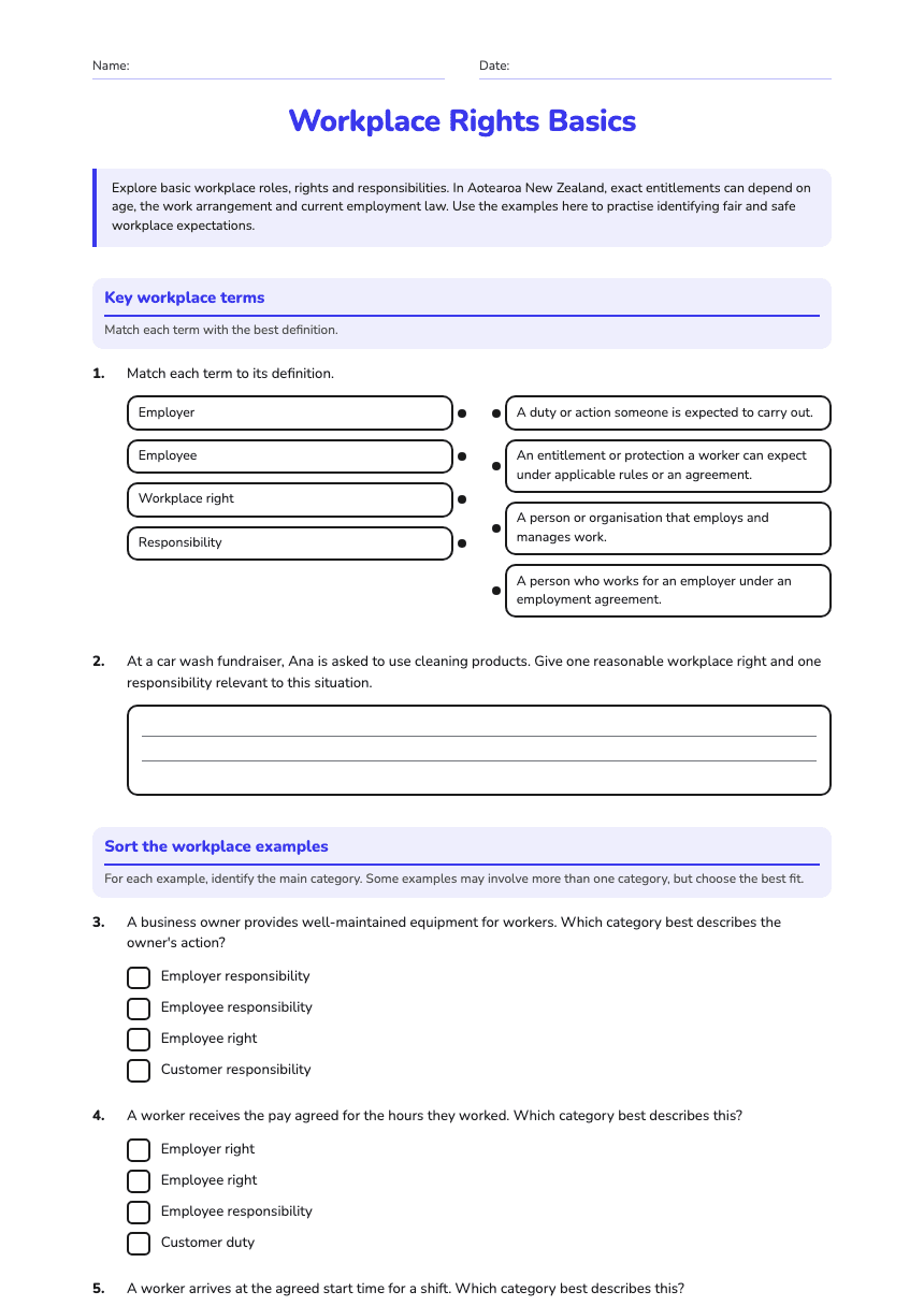 Workplace Rights Basics worksheet preview