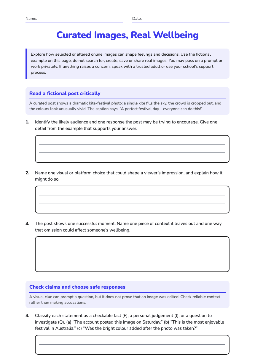 Curated Images, Real Wellbeing worksheet preview