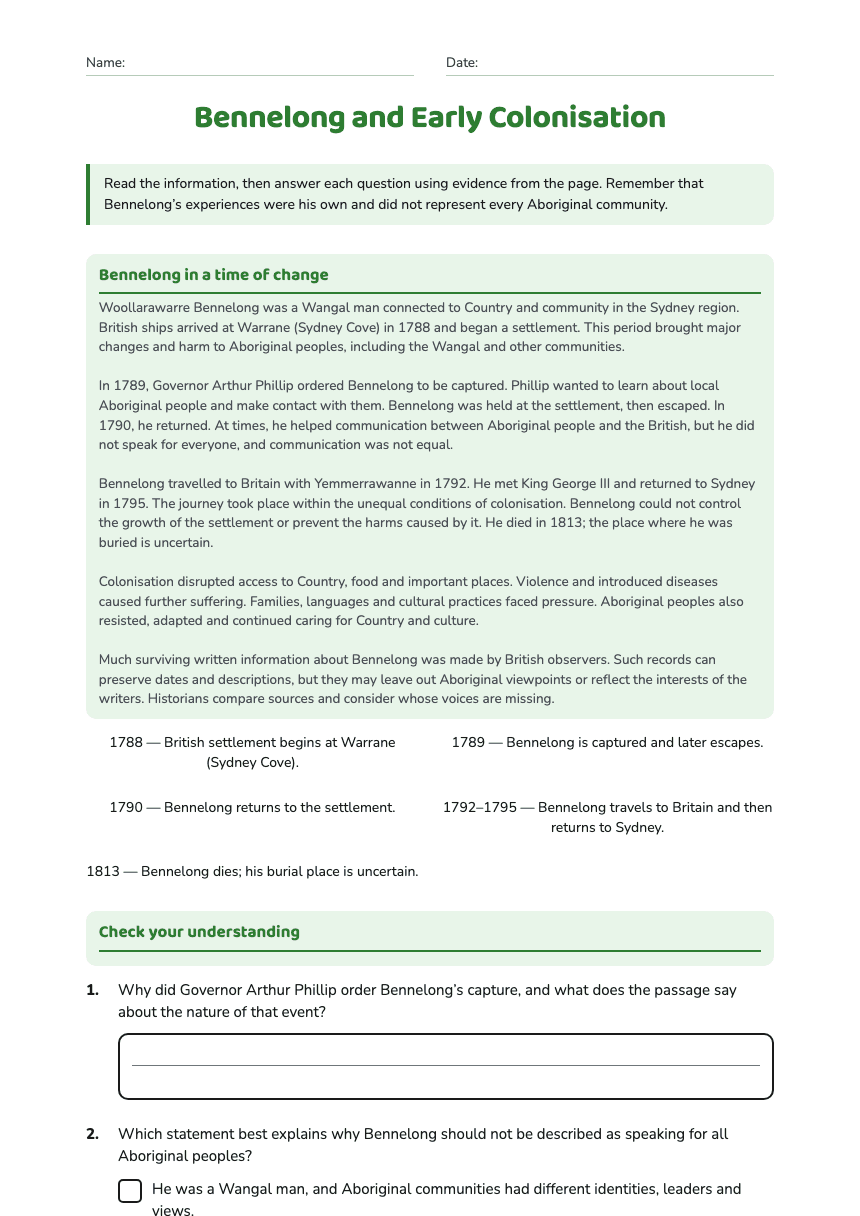 Bennelong and Early Colonisation worksheet preview