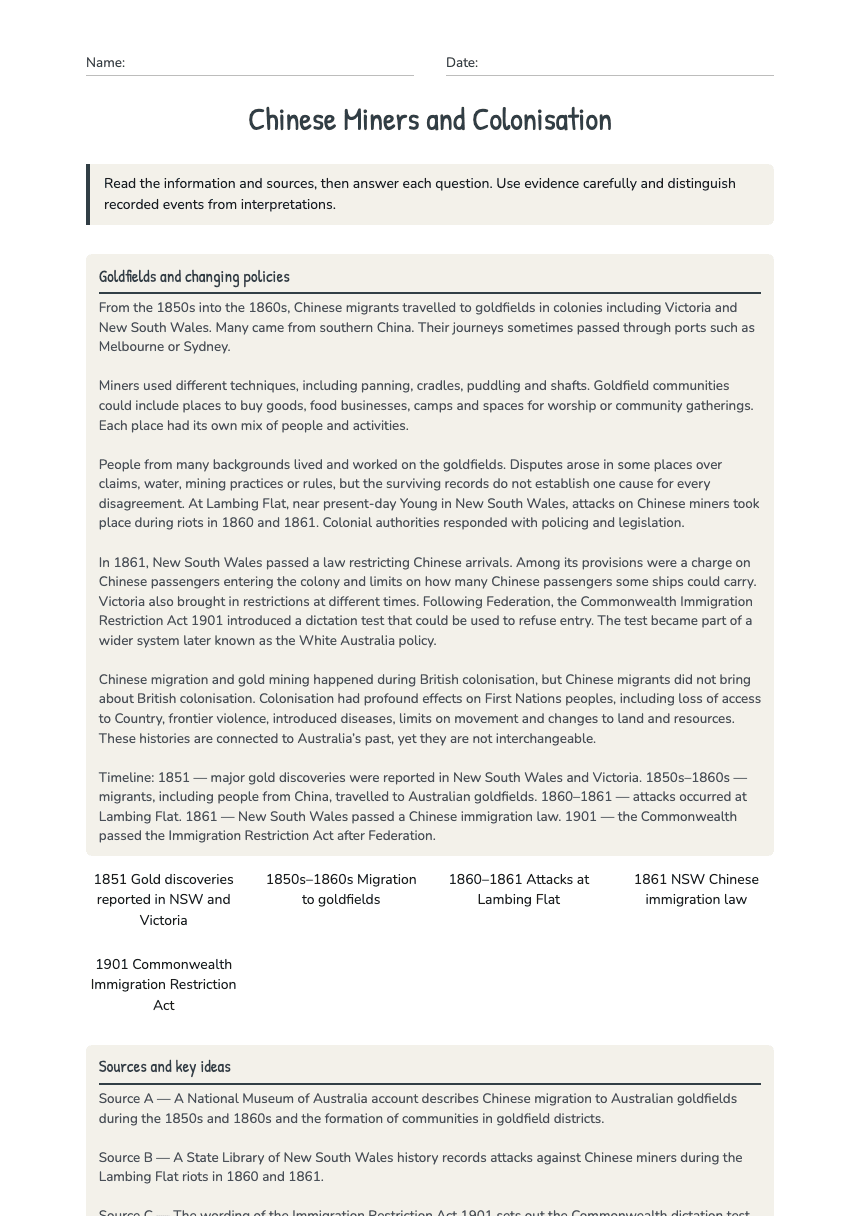 Chinese Miners and Colonisation worksheet preview