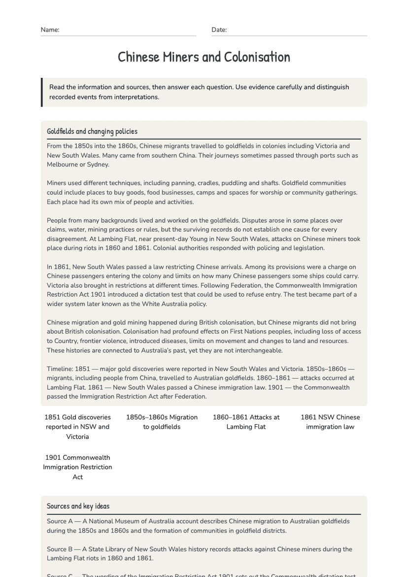 Chinese Miners and Colonisation