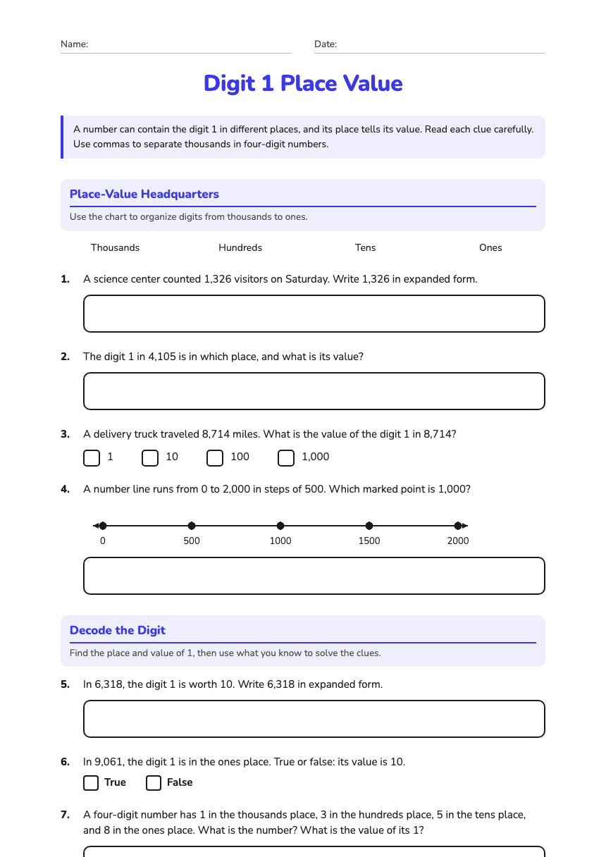 Digit 1 Place Value worksheet preview