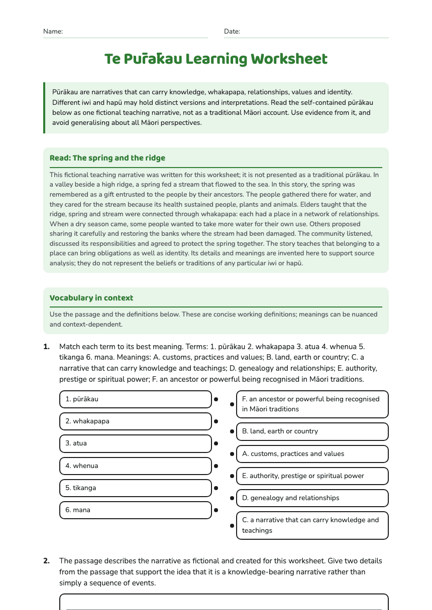 Te Pūrākau Learning Worksheet worksheet preview