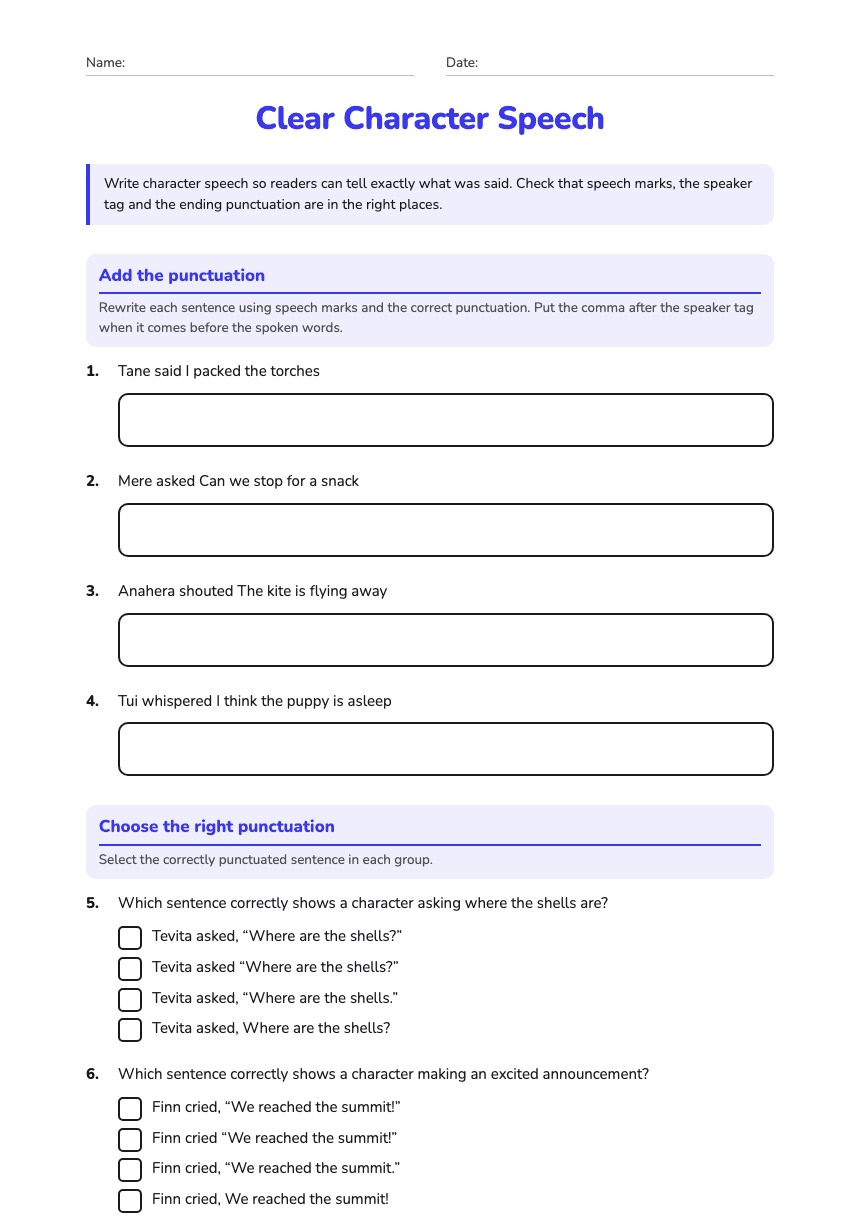 Clear Character Speech worksheet preview