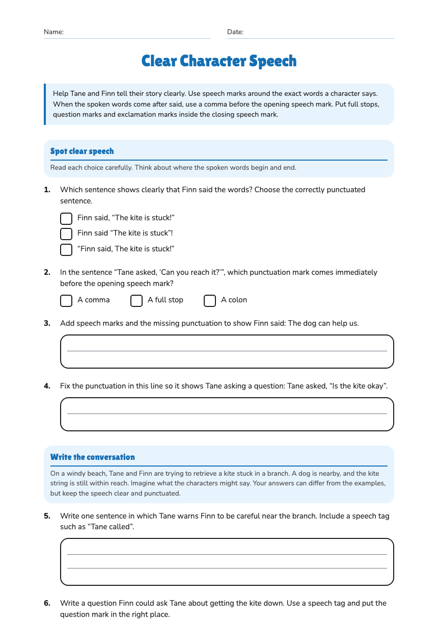 Clear Character Speech worksheet preview