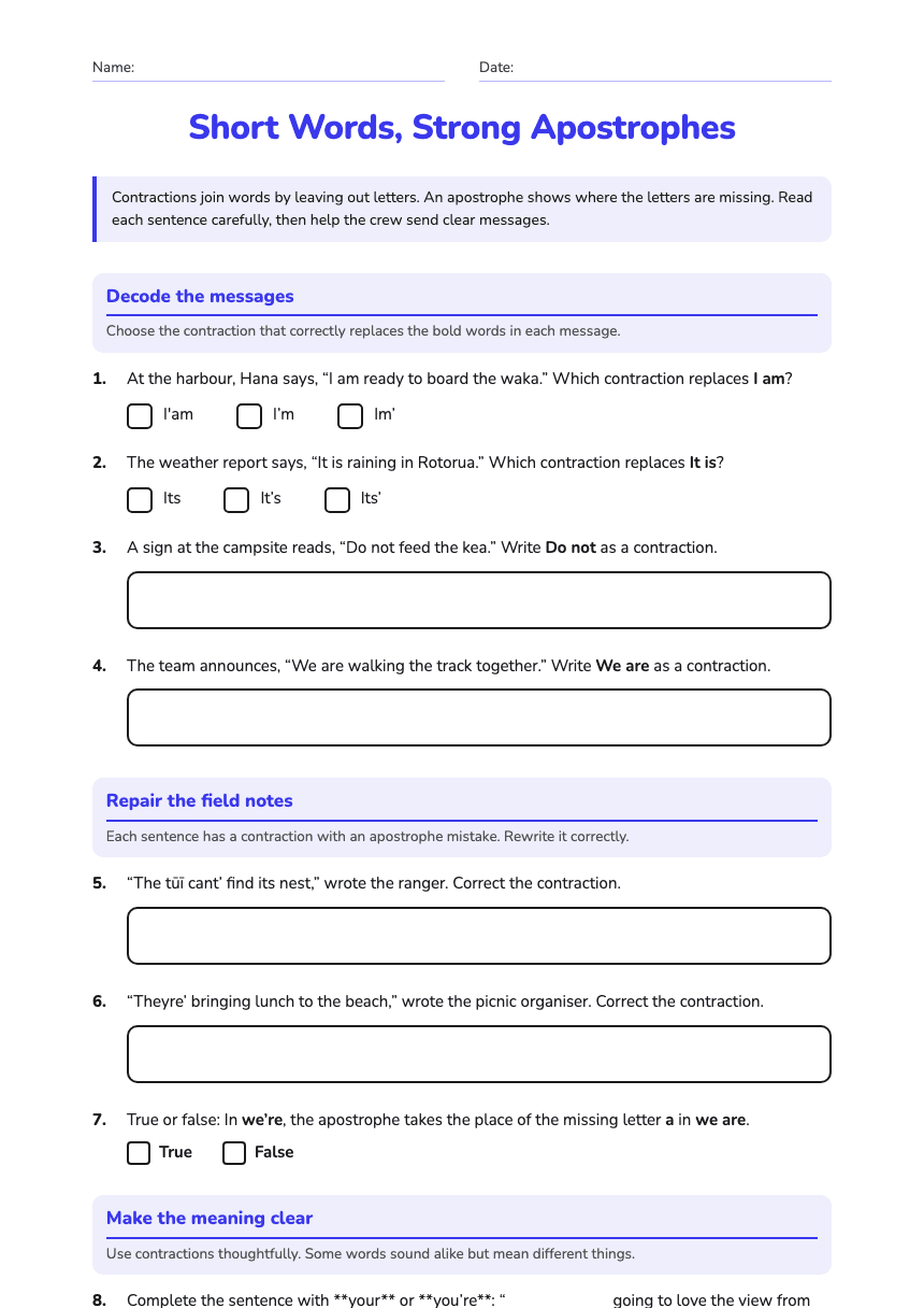 Short Words, Strong Apostrophes worksheet preview