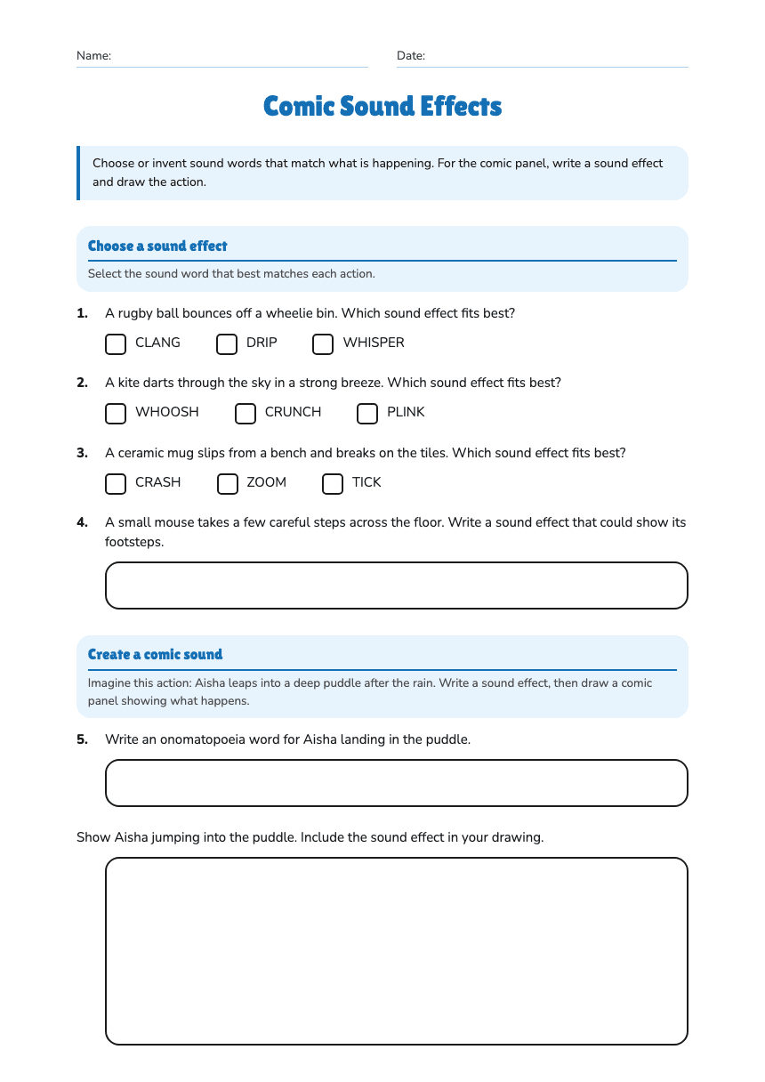 Comic Sound Effects worksheet preview
