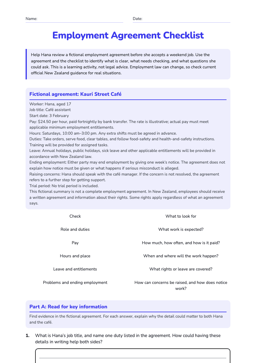 Employment Agreement Checklist worksheet preview
