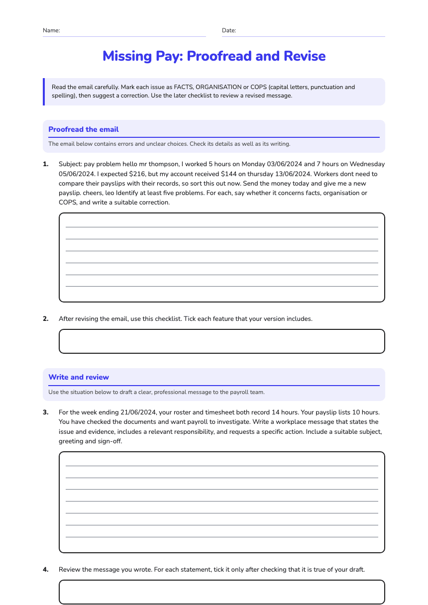 Missing Pay: Proofread and Revise worksheet preview