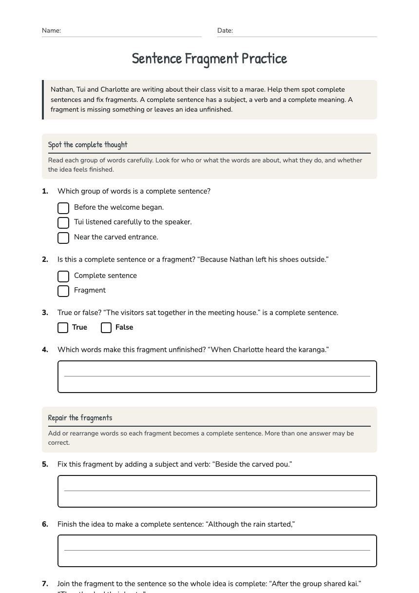 Sentence Fragment Practice worksheet preview