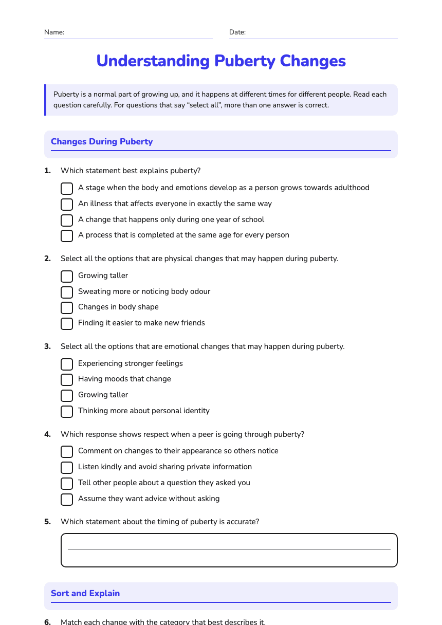 Understanding Puberty Changes worksheet preview