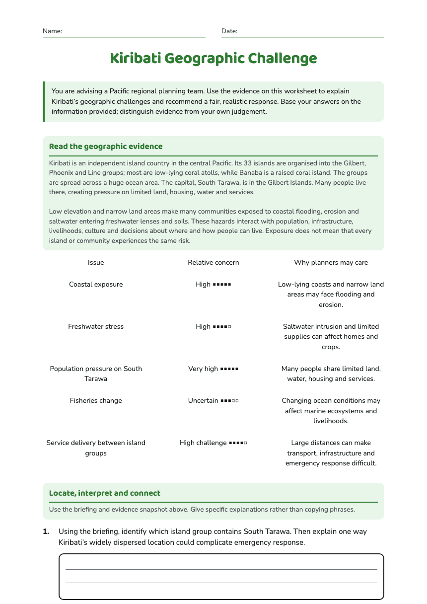 Kiribati Geographic Challenge worksheet preview